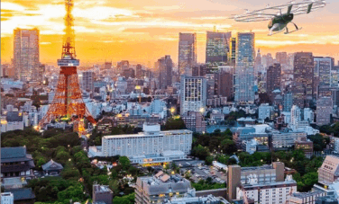 Vue aérienne AEROAFFAIRES Volocopter, coucher du soleil urbain.